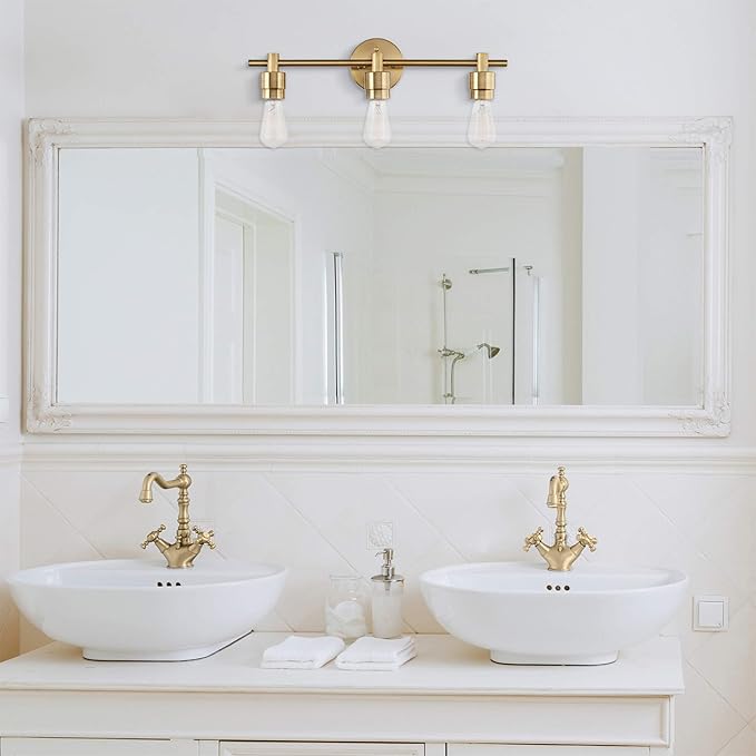 Globe Electric 51563 5-Piece Bathroom Accessory Set with 3-Light Vanity Fixture, Matte Brass Finish, Open Socket Design, Towel Bar, Towel Ring, Robe Hook, Toilet Paper Holder