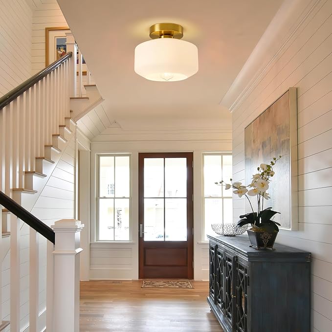 Lynnoland Industrial Semi Flush Mount Ceiling Light Brushed Gold, Milky White Glass Shade Ceiling Light Fixture,Brushed Gold Light Fixture for Hallway Bathroom Bedroom, Vintage Hanging Light Fixtures