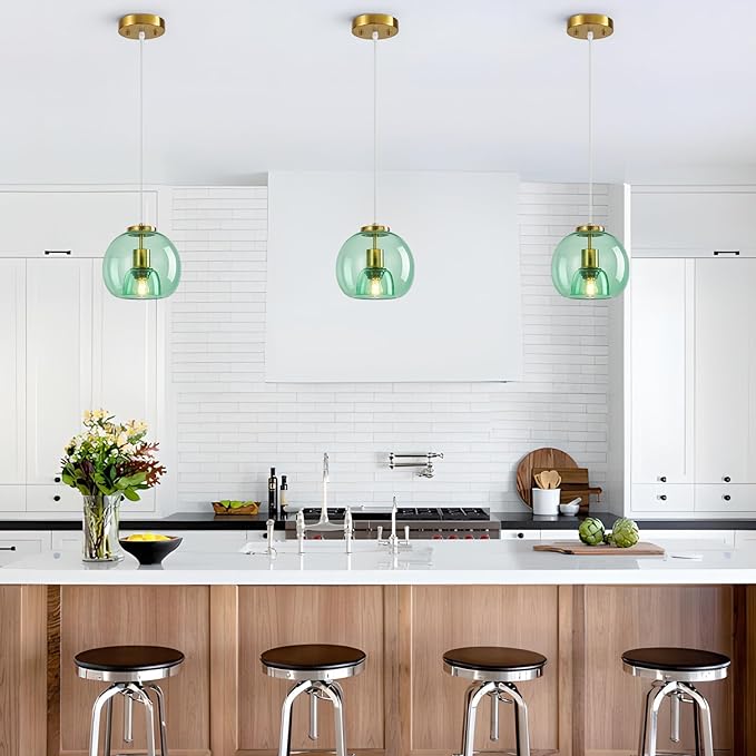 Light Green Glass Pendant Lights Kitchen Island Gold Hanging Light Fixture Glass Globe Pendant Light Modern Pendant Lighting for Kitchen Island Bedroom Dining Room (7.87", 1 Pack)