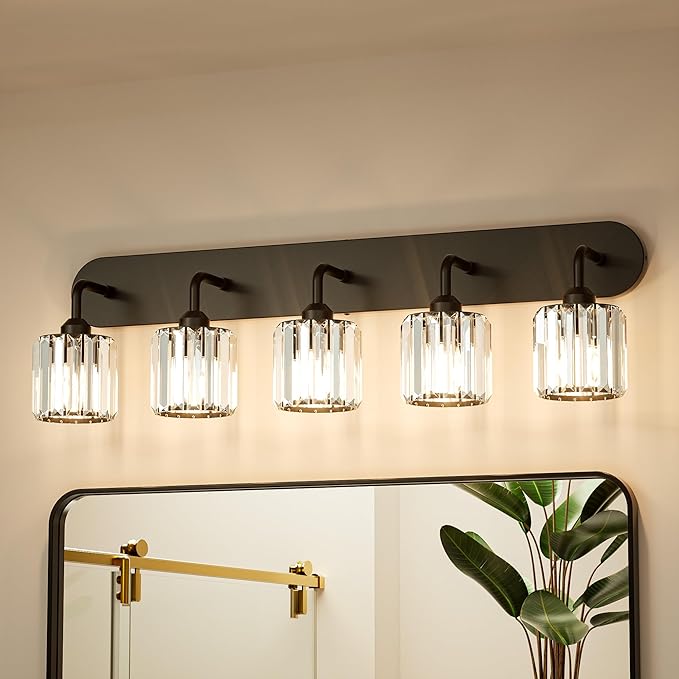 Keonjinn 5-Light Bathroom Light Fixtures, Crystal Black Bathroom Vanity Lights Over Mirror, Vanity Lighting Fixtures with Crystal Square Shades (E26 Socket, Exclude Bulb)