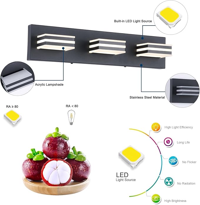 Black Vanity Lights for Bathroom Light Fixtures (3-Light, 20-Inch) Adjust 3 Colors Modern Bath Lighing Fixture Over Mirror LED Vanity Lighting