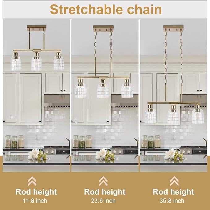 FRIXCHUR Gold Kitchen Island Lighting, 3-Lights Linear Chandelier Pendant Light with Clear Glass Shade, Height Adjustable Industrial Chandelier Pendant Light for Kitchen Island Dining Room