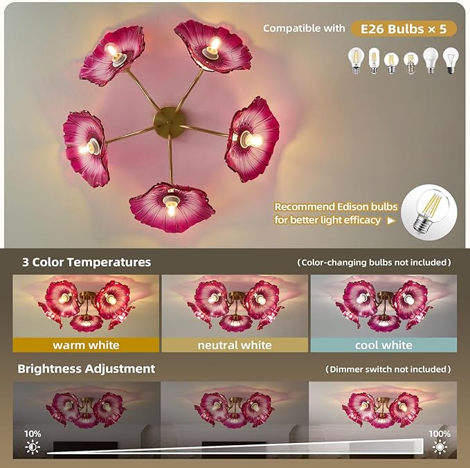 Flower Glass 5 Lights Ceiling Light - Red Vintage Floral Semi Flush Mount Chandelier Lighting Fixtures - Mid Century Modern Art Deco Lamp for Bedroom Bathroom Hallway Hall Laundry Kitchen Dining Room