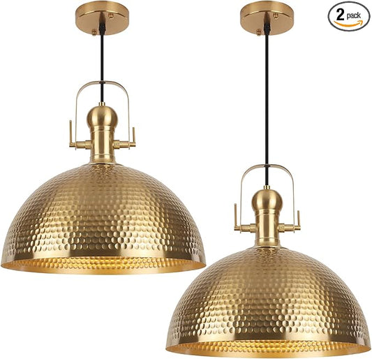 15.7 Inch Gold Pendant Light 2 Pack, Hammered Industrial Pendant Lights，Fixtures Adjustable Height Dome Pendant Light for Dining Room Bedroom Bar