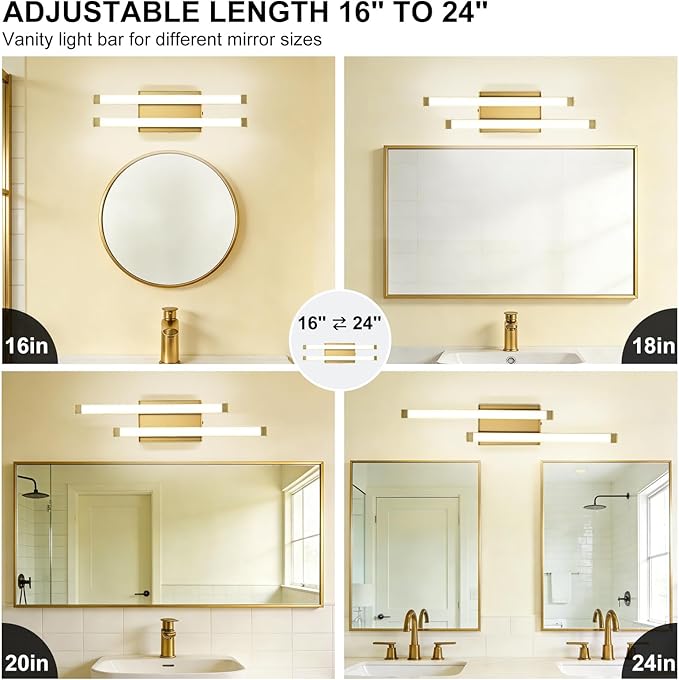 Bathroom Vanity Light Bar, 24 Inch Modern LED Bath Light, 18W 3 CCT 3000K 4000K 6000K Dimmable Hardwired Acrylic Vanity Light Bar Over Mirror, Gold, Bathroom, Bedroom, Hallway, Powder Room, Washroom