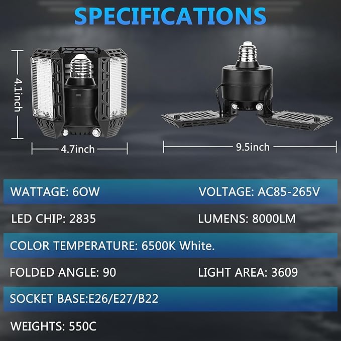 4 Pack Led Garage Lights, 60W Deformable Garage Ceiling Light 8000 lm E26 Basement Lights with 3 Adjustable Led Panels, Fits for Warehouse, Workshop, Barn, and Yard