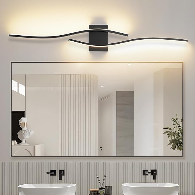 Modern LED Vanity Light with Remote Control, Modern LED Bathroom Light Fixture, Bathroom Vanity Light Fixture Over Mirror, 39.4 inch Black Wall Sconce Lighting