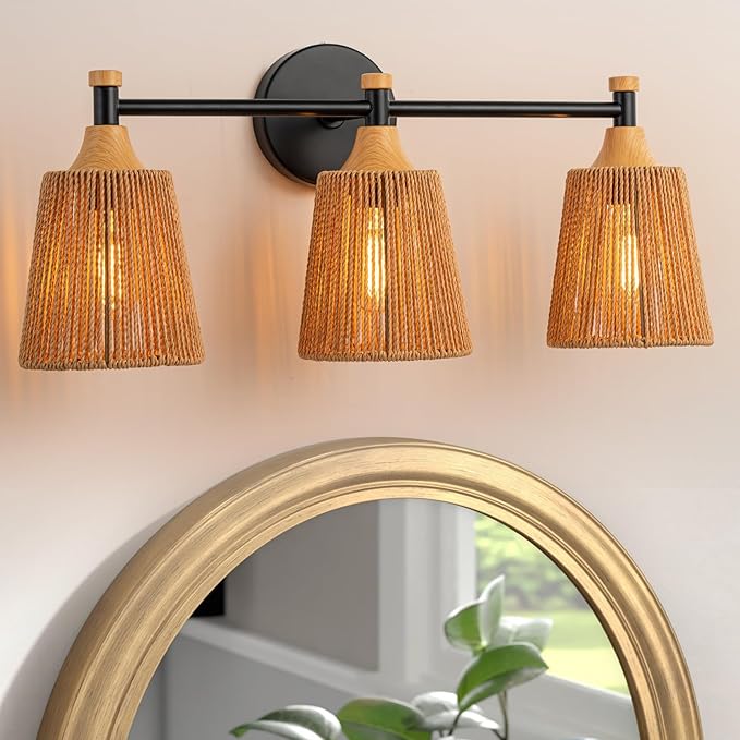 Bathroom Light Fixtures, Boho 3 Light Bathroom Vanity Light Over Mirror with Rattan Woven Wicker Lampshade Rustic Wall Sconce Lighting for Bedroom Kitchen Hallway