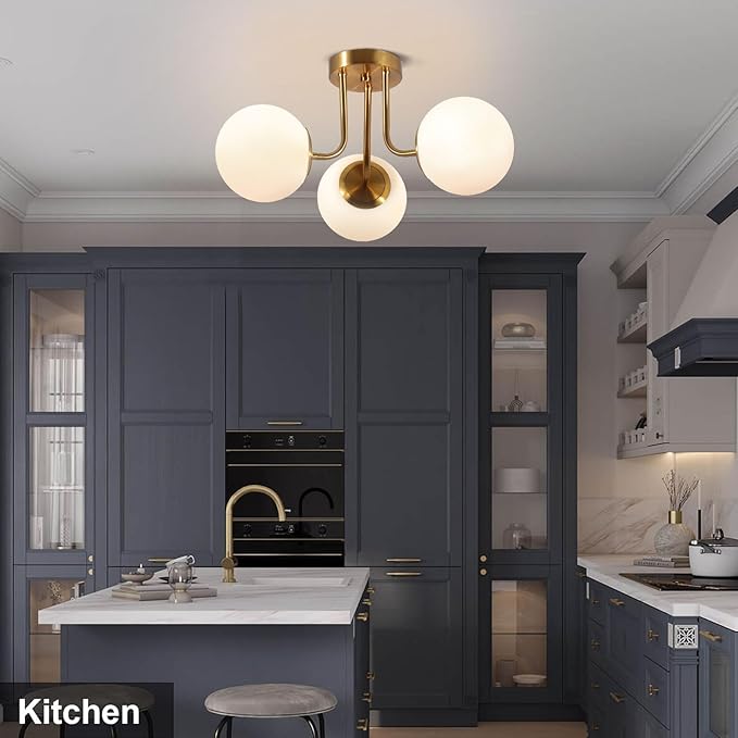 Bektas 3-Lights Semi Flush Mount Ceiling Light Fixture Brushed Gold Light Fixture Bend Modeling with Milk Glass Globe for Bedroom,Living Room,Dinning Room Foyer Hallway