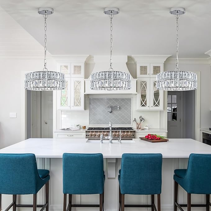 Chrome Crystal Chandeliers, 3 Pack Modern Semi Flush Mount Ceiling Light, 4-Ligh Small Round Crystal Hanging Pendant Light Fixtures,D12” for Kitchen Dining Room Entryway Hallway