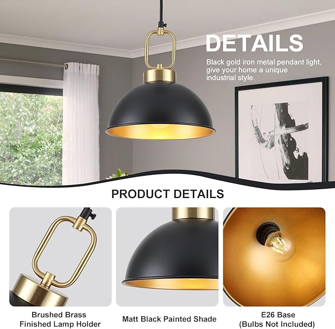 Black Pendant Lights Kitchen Island, 10.2 Inch Dome Black and Gold Pendant Lights, Vintage Metal Industrial modern Farmhouse Pendant Light Fixture Hanging Lights for Dining Room, Cafe, Bar, 2 Pack
