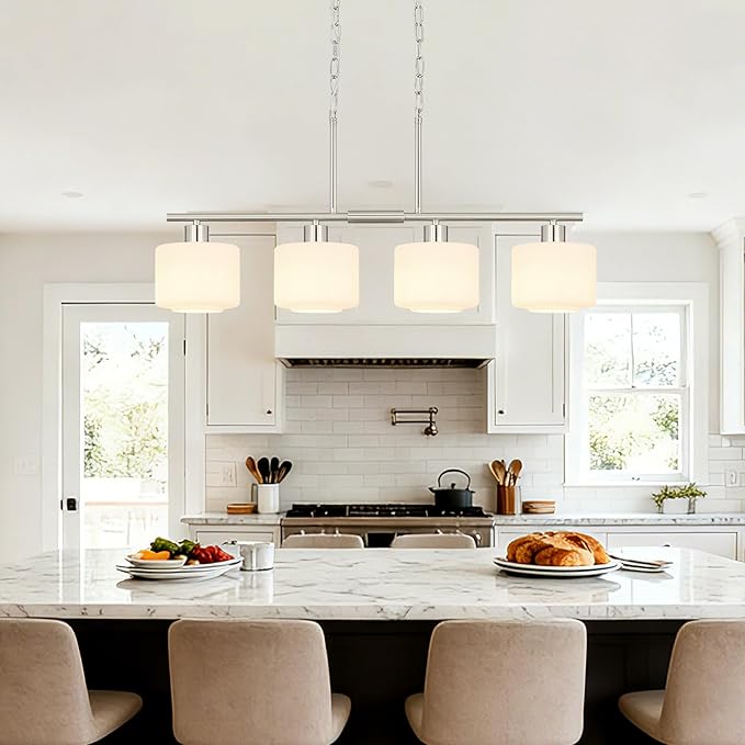 4-Light Brushed Nickel Kitchen Island Lighting, Modern Linear Dining Room Chandelier Light Fixtures with Milk Glass and Chain, Mid Century Hanging Lights for Kitchen Island, OS-YQ8153-4ISBNW