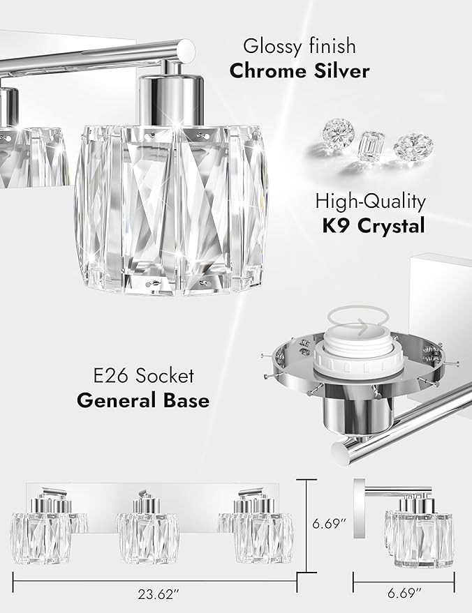 VOLISUN Crystal Vanity Lights for Bathroom, 3 Light Modern Stainless Steel Chrome Bathroom Vanity Light Fixture Over Mirror - UL Certificated (Bulb Not Included)