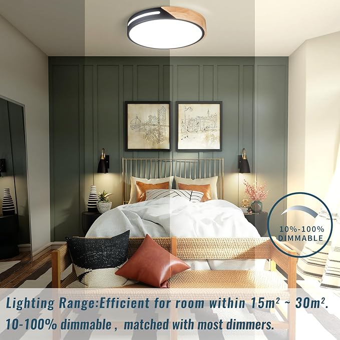 Black and Wood Flush Mount Ceiling Light Fixture Set of 2, Dimmable LED Ceiling Light Black, Modern Light Fixture Ceiling Mount for Bedroom, Living Room, Kitchen, Bathroom, Hallway