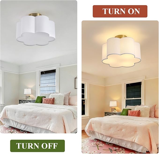 Semi Flush Mount Ceiling Light, 13" Ceiling Light Fixture with Flower-Shaped Fabric Shade, 3-Light Modern Ceiling Lighting Fixture for Bedroom Living Room Nursery Hallway, White Shade