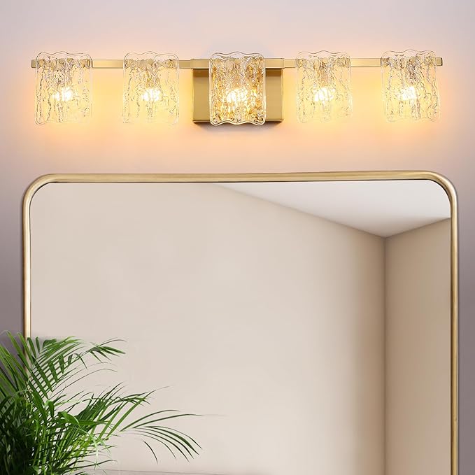 5-Light Bathroom Vanity Lights, 31" Brushed Gold Bathroom Light Fixtures Over Mirror with Clear Glass, Modern Bath Wall Sconce Lighting for Bath Restroom, OS-MM5002-5BG