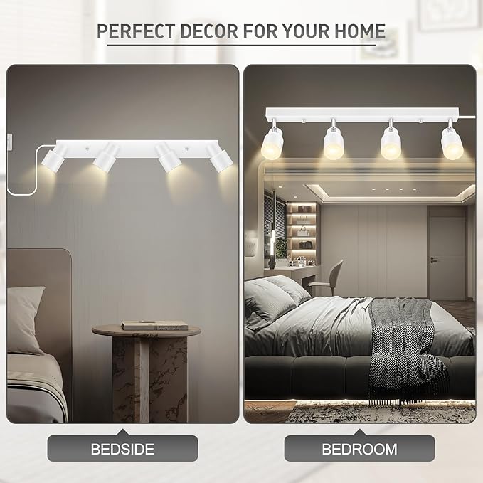 Plug in Track Lighting, 23" LED Track Light Fixtures Ceiling, White 4 Way Spotlight, Rotatable Light Head, Plug in Ceiling Light with Power Cord, Plug Wall Light for Kitchen Hallway Bar(GU10, NO Bulb)