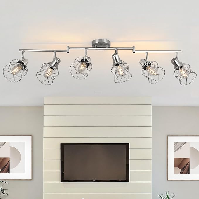 WILON Track Lighting Fixtures, 6-Light Brushed Nickel Flush Mount Track Light Ceiling, 6 Way Spot Light Kitchen Light Fixtures Directional Ceiling Spotlight for Kitchen Hallway Living Room