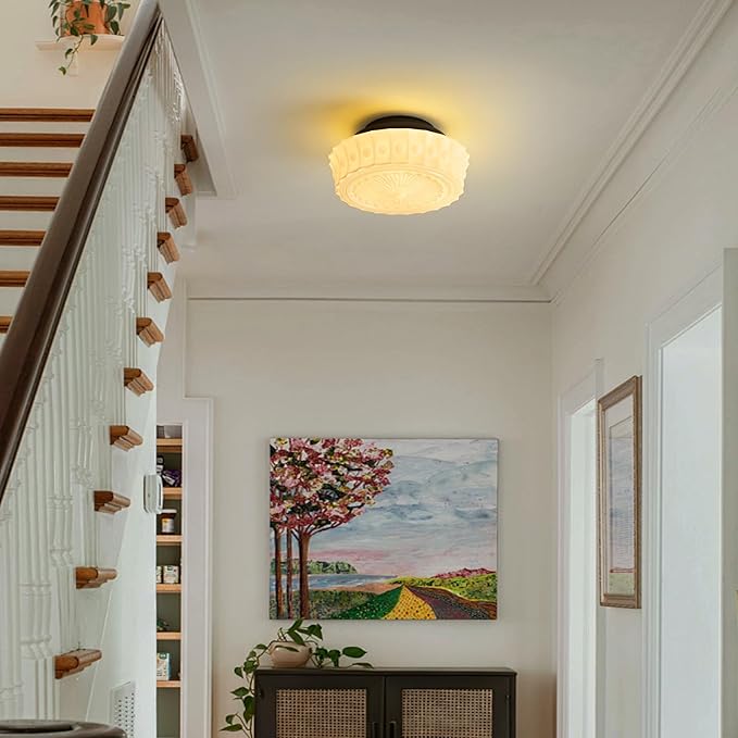 Schoolhouse Vintage Glass Ceiling Light - Small 12 Inch Cream Yellow Mid Century Modern Flush Mount Lighting Fixtures - Art Deco Lamp for Bedroom Kitchen Entryway Laundry Hallway Foyer Bathroom Hall