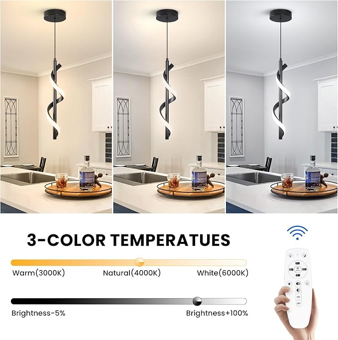 CANEOE Modern Spiral Led Pendant Light Fixture, 3000K-6000K Dimmable Modern LED Hanging Lamp, Adjustable Hanging Island Light Fixture for Bedroom Living Room Kitchen Sink, 1 Pack (Black)