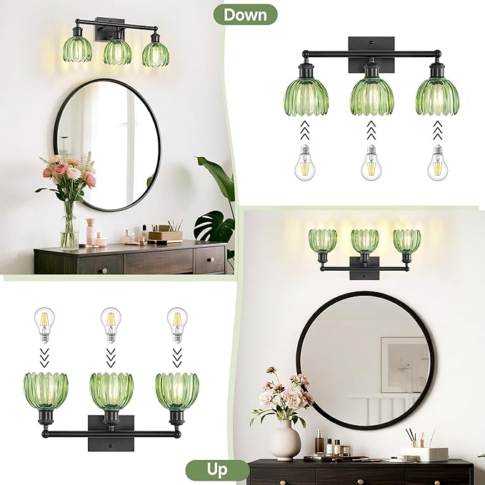 Bathroom Lighting Fixtures Over Mirror,3 Light Vintage Vanity Light,20 in Antique Black Bathroom Sconce with Green Tulip Glass Shade for Bedroom Living Room,Dressing Table,Hallway,E26 Base