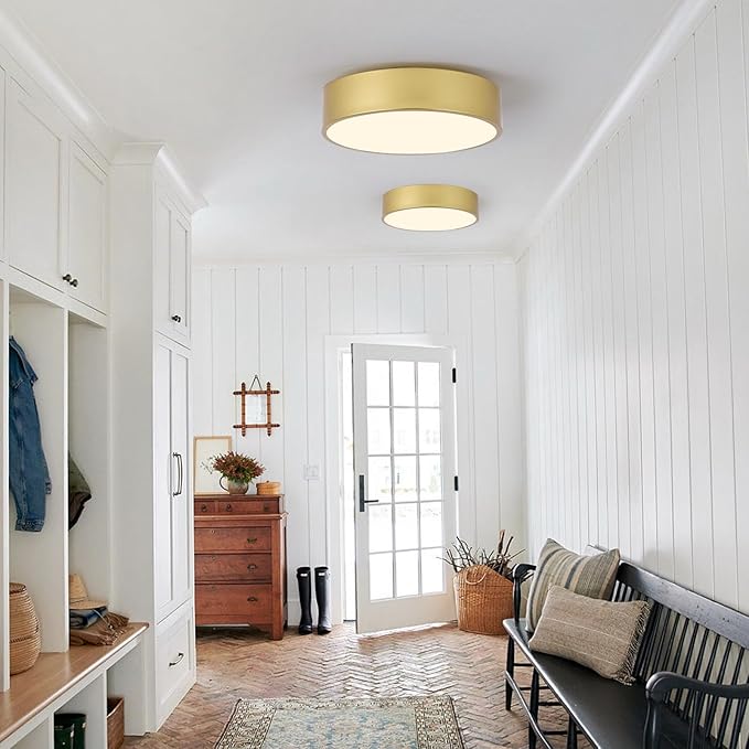 Modern Gold Flush Mount Ceiling Light Fixture,Contemporary 3-Light Round Ceiling Lights with White Acrylic Shade for Hallway,Foyer,Entryway,Closet, Bedroom,Kitchen(15.8")