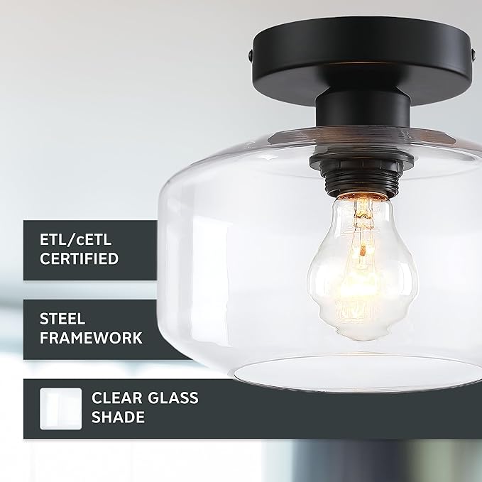 Designers Fountain Semi Flush Mount Ceiling Light, 8.75 Inch Clear Glass Lighting Fixture for Kitchen, Bedroom, Bathroom, and Hallway, Matte Black, D335M-SF-MB