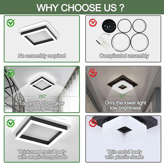 Square Modern Led Ceiling Light Fixture, 24W Black Flush Mount Hallway Ceiling Light Small Close to Ceiling Lamp for Living Room Bedroom Kitchen Balcony Cloakroom (Cool White, 6000K)