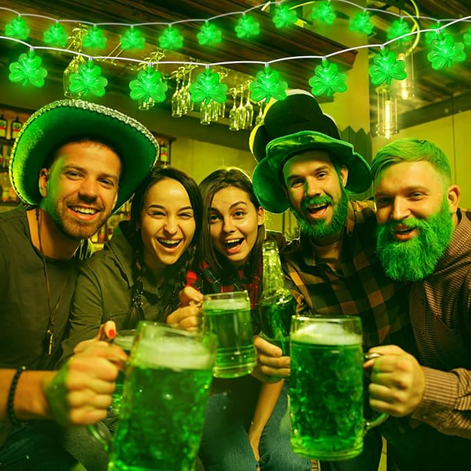 PASUTO 8.5FT Clear Green Shamrock Lights, St Patricks String Lights Outdoor Waterproof with 10 LED Light for rish Shamrock St Patrick's Day Party Indoor Home Garden Decorations