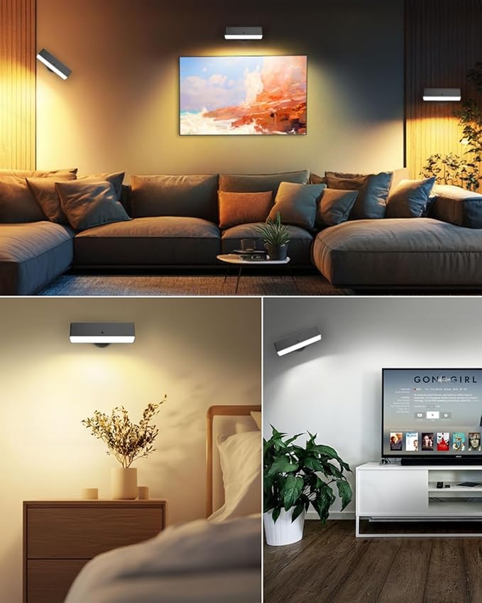 Magnetic Battery-Operated Wall Sconce Lights: USB Rechargeable Wall Mounted Lights with Remote, 3CCT LED Dimmable Wall Sconce, 360° Rotation Cordless Wall Lamp for Bedroom Living Room, Black 1Pack