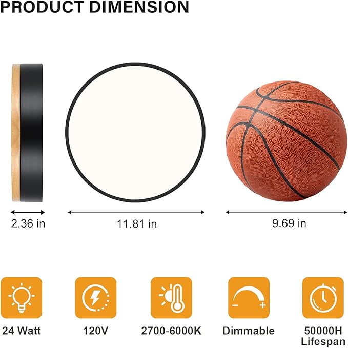 Modern Dimmable Wood Ceiling Light, Black Round LED Flush Mount Ceiling Lighting Fixtures, Minimalist Ceiling Lamp for Kitchen Bedroom Laundry Room Living Room Entryway Hallway&11.81 in