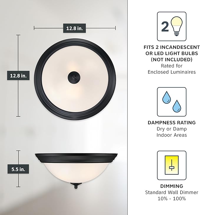 Designers Fountain Flush Mount Ceiling Light, 2-Pack, 13 Inch Frosted Glass Lighting Fixture for Kitchen, Bedroom, Bathroom, and Hallway, LED Bulbs Not Included, Matte Black