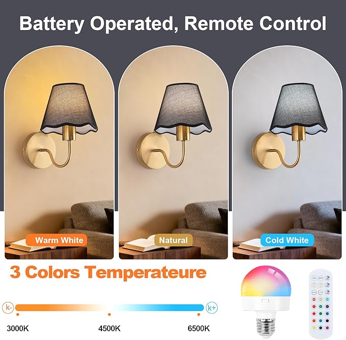 ADISUN Battery Operated Wall Sconce Set of 2, Gold Wall Lamps Rechargeable Bulbs for Living Room, Black Rattan Shade, Wireless Wall Lights for Bedroom Living Room Hallway Kitchen(2 Bulbs Included)