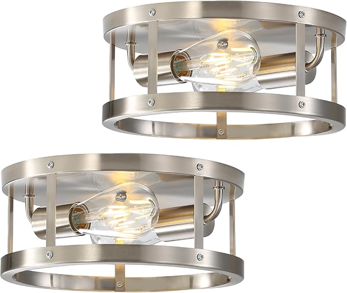 2-Light Industrial Flush Mount Ceiling Light Fixture,Brushed Nickel Farmhouse Ceiling Light Fixture,Modern Flush Mount Light Fixture for Kitchen Bedroom Living Room Hallway 2 Pack