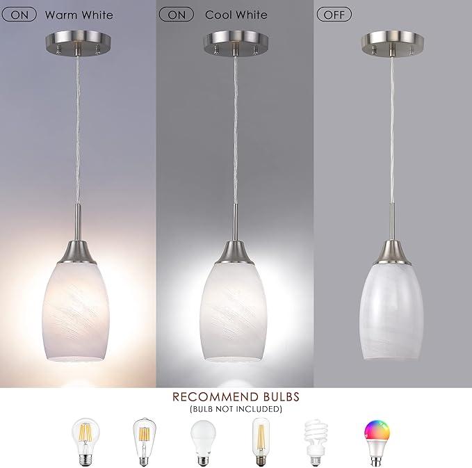 Viinew Mini Glass Pendant Light 1-Light with Handblown White Swirl Art Glass Adjustable Cord Brushed Nickel Finish 4.72" Modern Hanging Pendant Light for Kitchen Dining Room Living