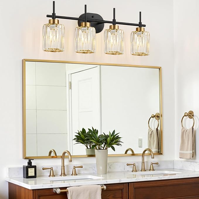 Modern Crystal Bathroom Vanity Light, 4-Light Black and Gold Bathroom Light Fixtures, Clear K9 Crystal Shades, Adjustable Up/Down Mount, E26 Base Wall Sconce (Bulbs Not Included)