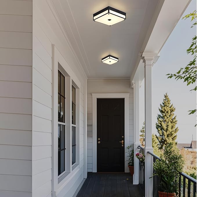 Motion Sensor Outdoor Light, Flush Mount Ceiling Fixture with 24W LED, Dusk to Dawn, Adjustable 3CCT, Black Exterior with Acrylic Diffuser, for Porch, Garage, Entryway, Patio Lighting