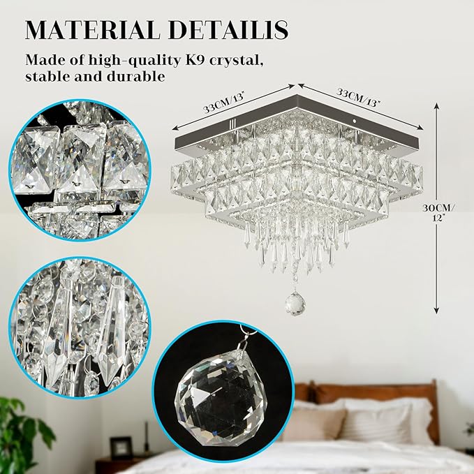 Finktonglan 13" Square Crystal Ceiling Light Flush Mount, Modern Multi-Layer LED Crystal Chandelier, Cool White 6500K, Non-Dimmable No Remote for Bedroom Entryway Dining Room Living Room