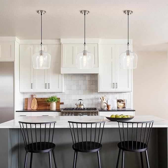 Large Hammered Glass Pendant Light Modern Brushed Nicklel 1 Light Single Dome Pendant Lighting Fixtures for Kitchen Island Dining Room Hallway, Dia 10 Inch, UL Listed