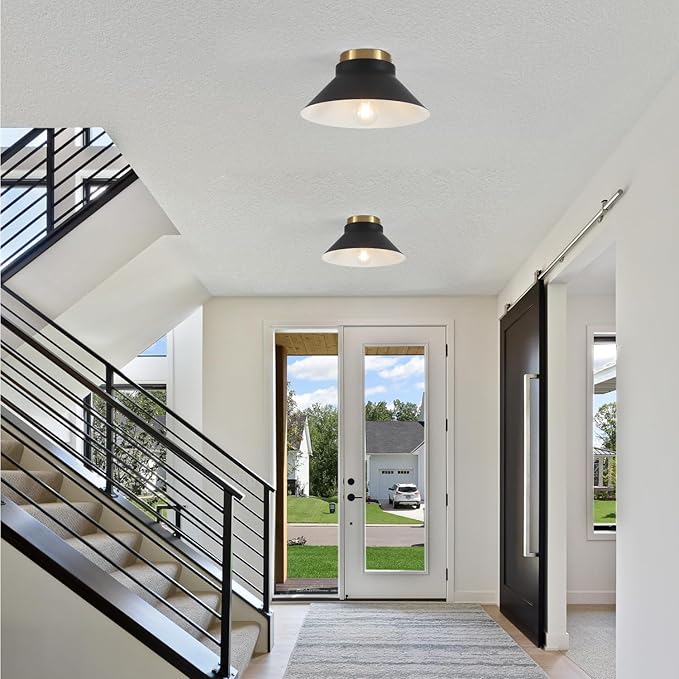 Black Modern Flush Mount Ceiling Light,Metal Semi Flush Mount Ceiling Light Fixture,Mid Century Light Fixture Black and Gold Ceilings Light for Hallway Kitchen Entryway Bedroom Laundry Room,11.81in