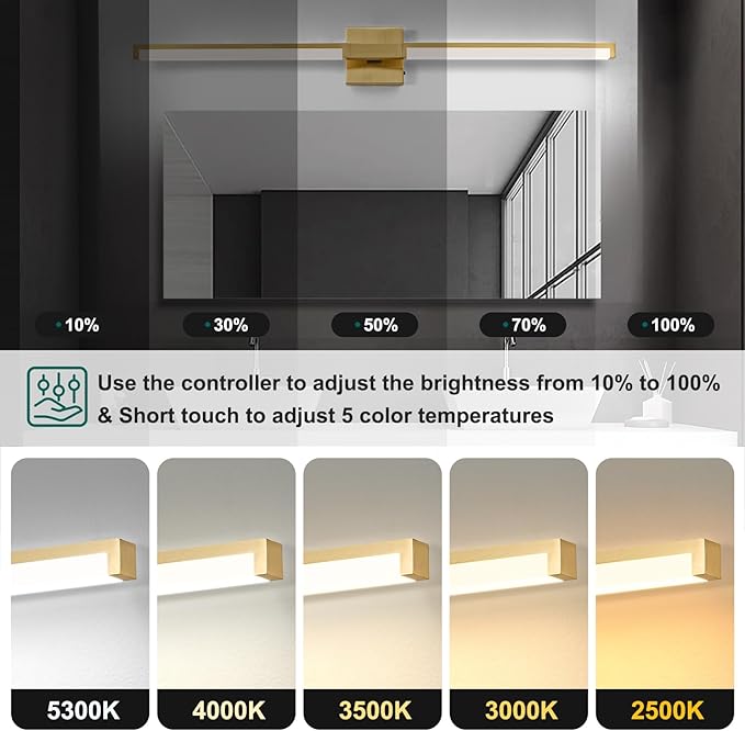 OKELI 40 Inch Bathroom Vanity Light Fixtures, Gold Modern Light Fixtures Over Mirror, 24W 5CCT Dimmable Wall Light