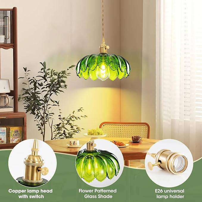 Glass Pendant Light Vintage Light Fixtures, Glass Pendant Lights Kitchen Island, Adjustable Hanging Light for Kitchen Island Dining Room Hallway (Hardwired gree)
