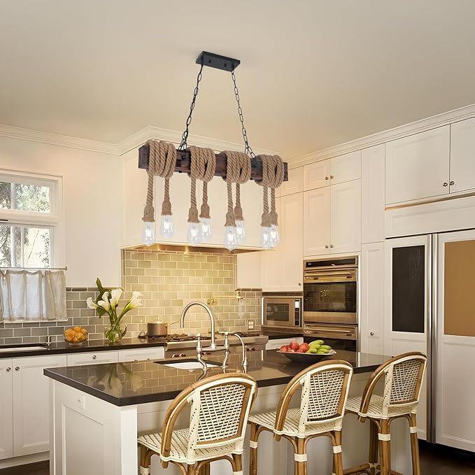 KEESFU Farmhouse Light Fixtures Rustic Chandelier，8-Light Kitchen Island Light Height Adjustable，Hemp Rope Pendant Light for Kitchen Dining Room Bar.
