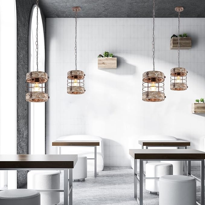 Retro Industrial Metal and Wood Chandelier 1-Light Round Cage Pendant Light Fixture for Kitchen Island Foyer Hallway Bar Dining Room Restaurant, D 7.8" x H 8.58" (White Brown)