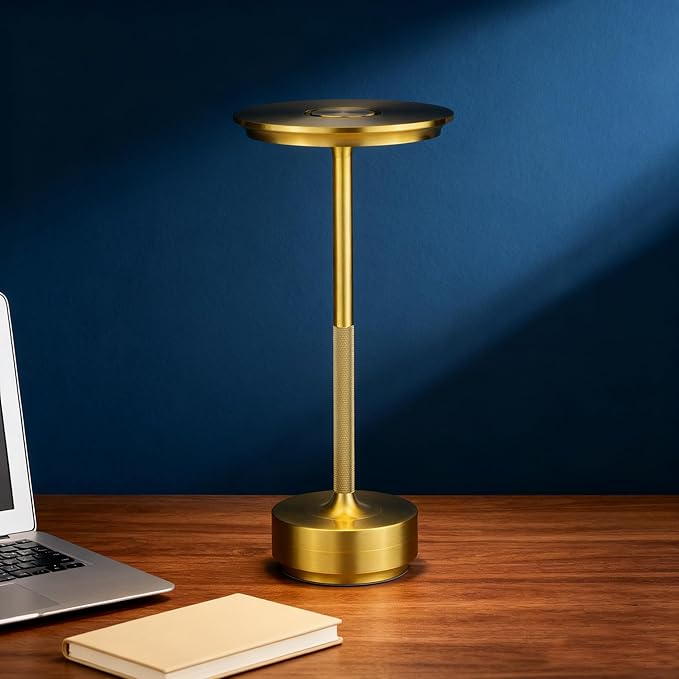 UdoUto Cordless Table Lamp Rechargeable - 5000mAh Battery Operated LED Table Light with Touch Stepless Dimming & 3 Color Modes - Portable Gold Metal Outdoor Lamp for Patio, Restaurant, Bedroom