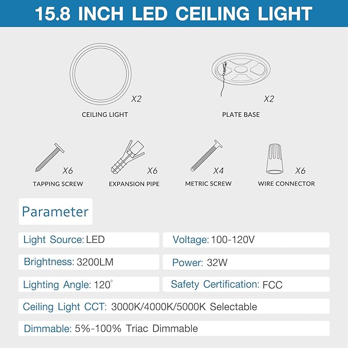 15.8 Inch Dimmable Large LED Flush Mount Ceiling Light 2 Pack, Low Profile Ceiling Light with 3 CCT (3000K/4000K/5000K), 5%-100% Dimming, Ultra-Thin 0.8", 32W 3200LM for Bedroom, Kitchen & Office