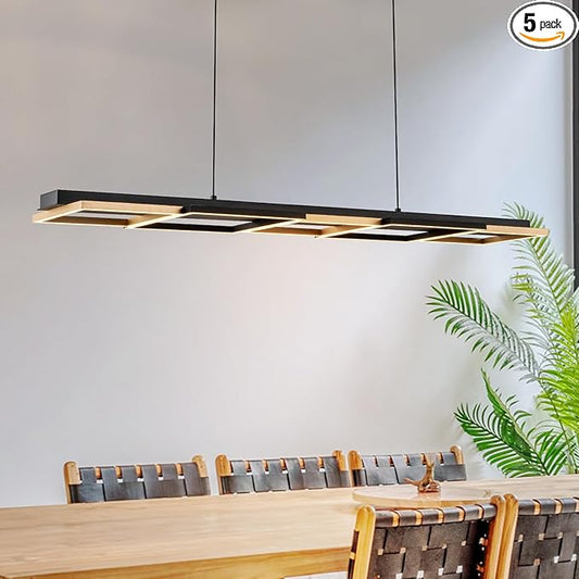 EDISLIVE 5-Light Black Gold Linear LED Chandelier Dimmable LED Square Island Light 45 in Linear Pendant Light 3000K Adjustable Height for Dinning Room Kitchen Pool Table