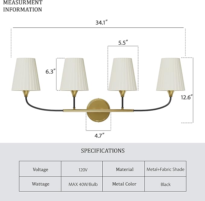 4-Light Bathroom Light Fixtures, Black Gold Bathroom Vanity Light Over Mirror, Modern Light Fixture with Flared Fabric Shade for E26 Bulb, Wall Sconce Light for Bedroom, Hallway with ETL