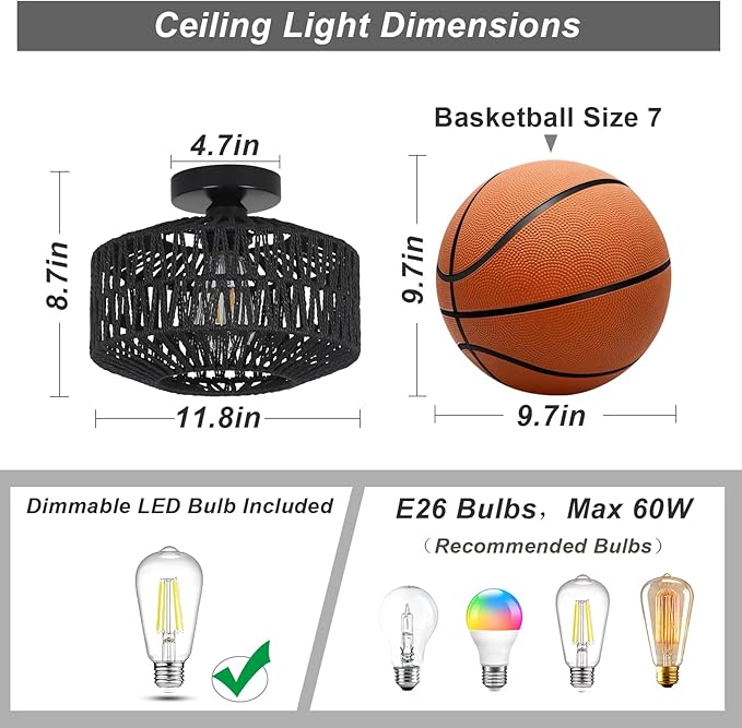 Rattan Light Fixtures Ceiling Mount,Boho Ceiling Light Fixture with Dimmable LED Bulb，Mini Hand Woven Rattan Chandelier Light Fixtures Ceiling for Bedroom Kitchen Entryway Living Room Hallway（Black）