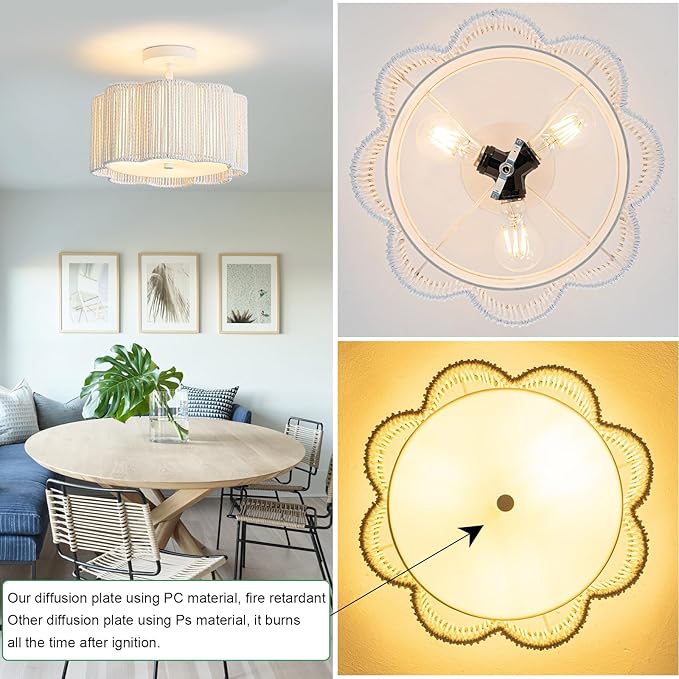 3-Light Woven Snow Plum Blossom Ceiling Light - Boho Handwoven Rattan Bedroom Fixture, 13-14 Inch Natural Fiber Flush Mount for Nursery